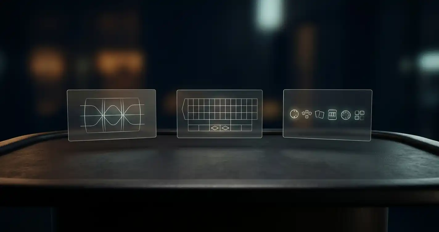 Tavolo da gioco stilizzato accanto a schermi con motivi astratti e luci soffuse