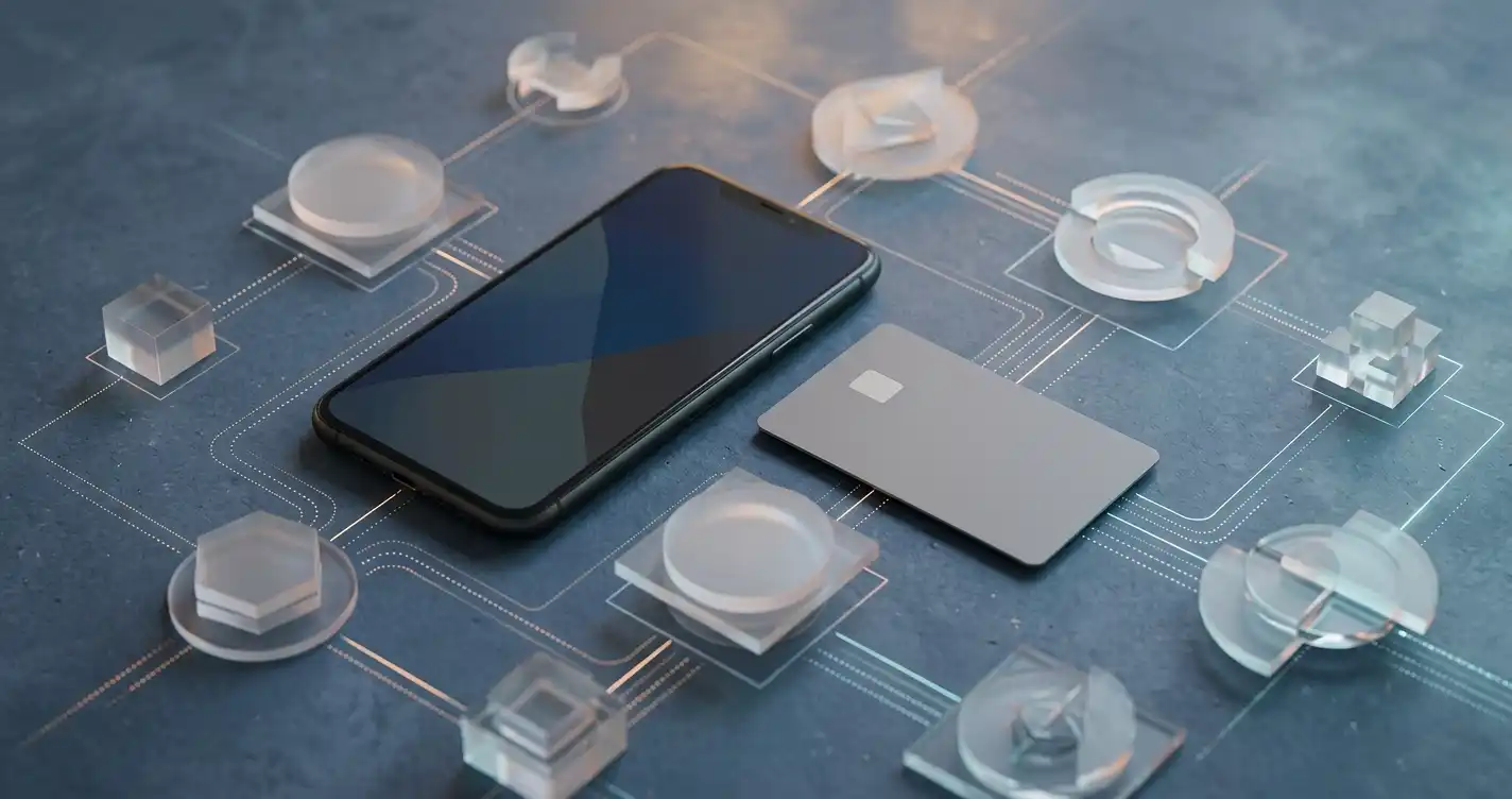Smartphone accanto a carta di pagamento neutra e simboli astratti di trasferimento digitale