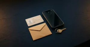 Scrivania ordinata con documento generico senza dati leggibili, telefono bloccato e chiave metallica