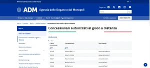 Schermata del portale ADM con l’elenco dei concessionari di gioco a distanza e le colonne per società e siti internet