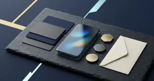 Carte di pagamento neutre, smartphone con grafica astratta ed elementi metallici su un piano scuro