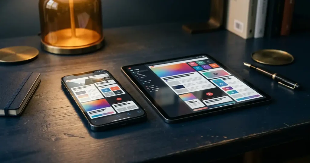 Smartphone e tablet su una scrivania scura con riquadri astratti di navigazione sugli schermi