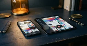 Smartphone e tablet su una scrivania scura con riquadri astratti di navigazione sugli schermi