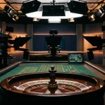 Tavolo da roulette vuoto in uno studio televisivo con luci morbide e telecamere sullo sfondo