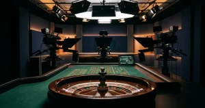 Tavolo da roulette vuoto in uno studio televisivo con luci morbide e telecamere sullo sfondo