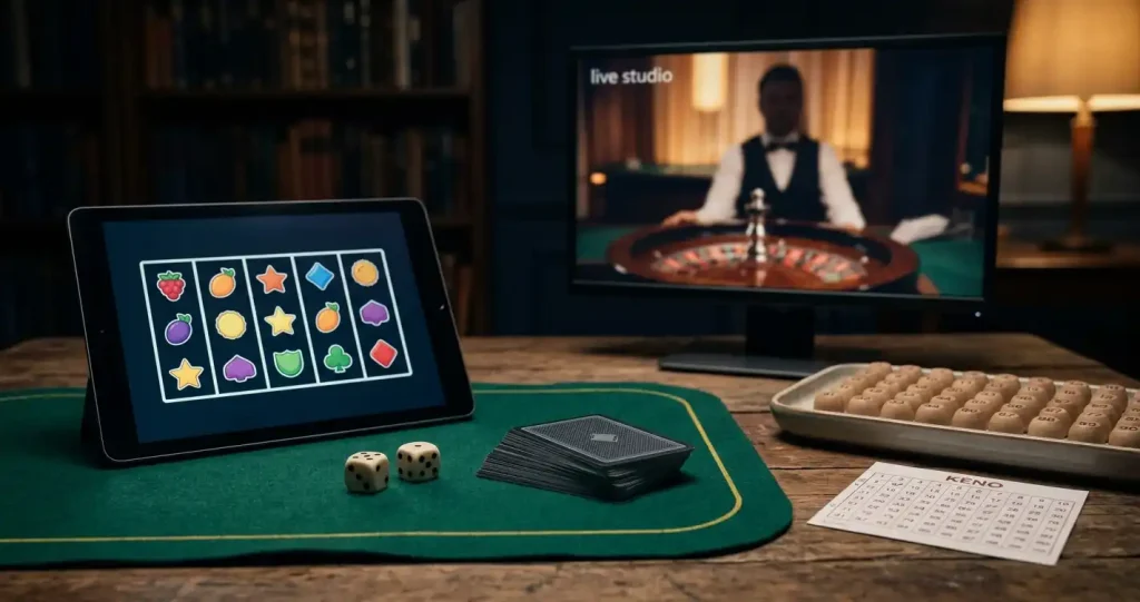 Schermo con rulli astratti di slot, tavolo verde e monitor con sagoma sfocata di un croupier
