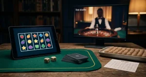 Schermo con rulli astratti di slot, tavolo verde e monitor con sagoma sfocata di un croupier
